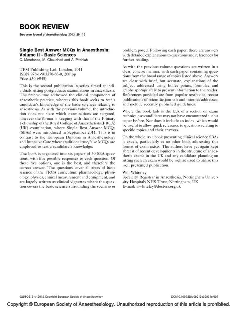 Single Best Answer MCQs in Anaesthesia Volume II.14 PDF Medicine