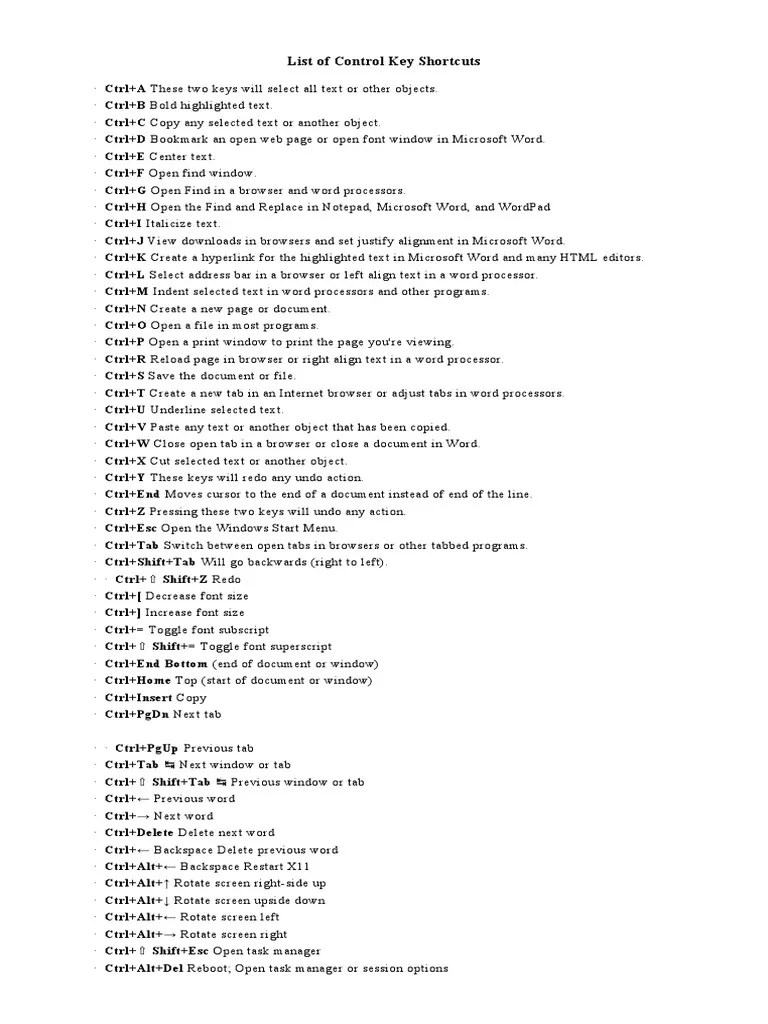 List of Control Key Shortcuts PDF Microsoft Word Keyboard Shortcut