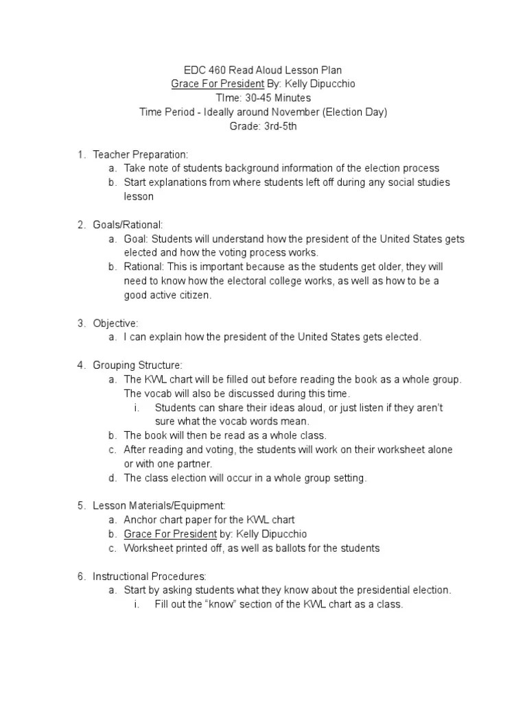 Edc 460 Read Aloud Lesson Plan PDF Elections Voting