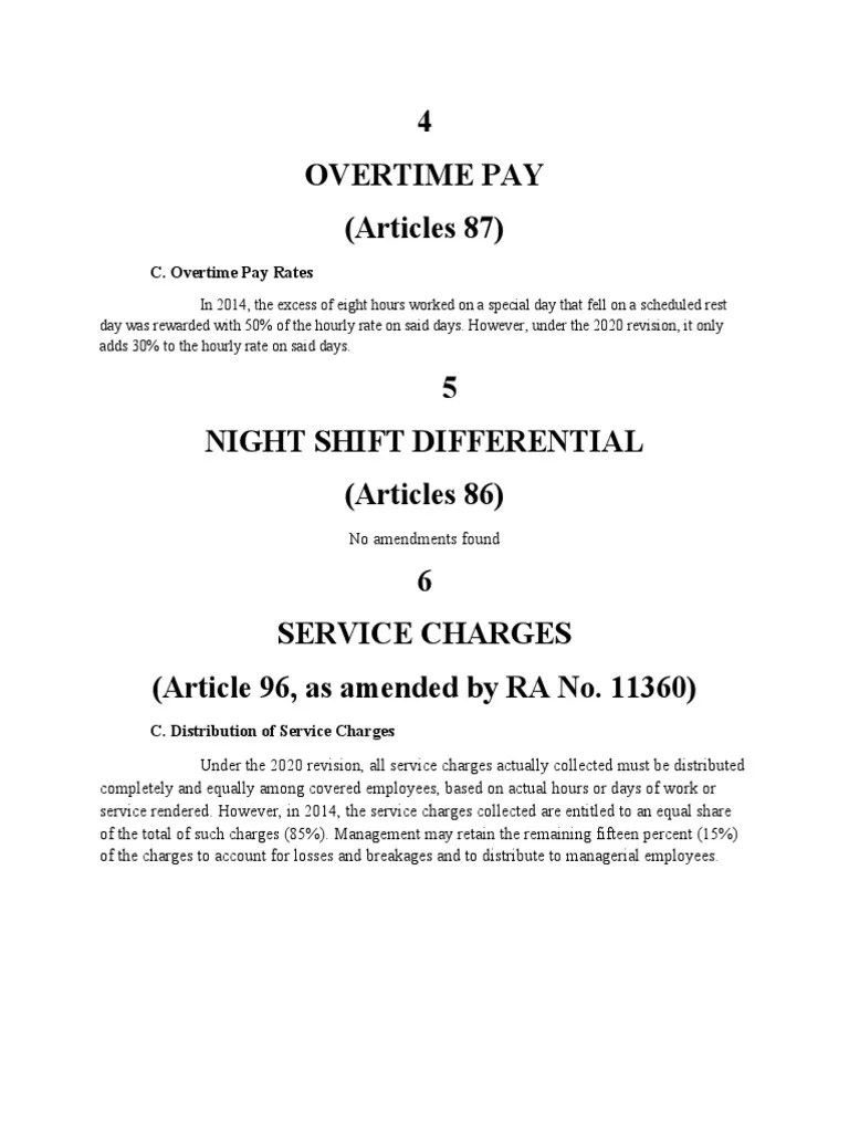 Revisions to Overtime Pay Rates, Night Shift Differentials, Service