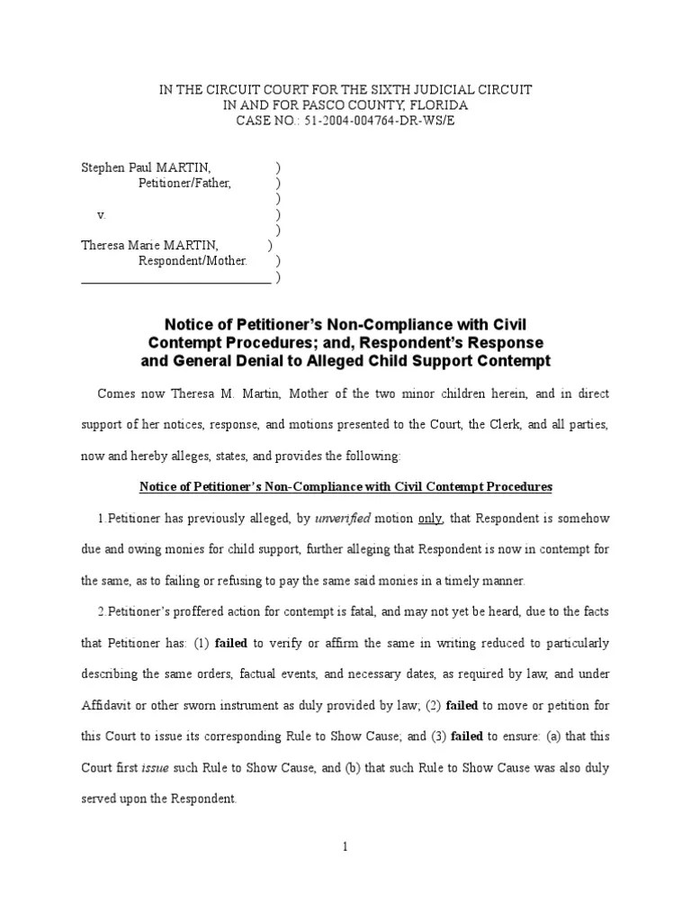 Notices and Response To Contempt Contempt Of Court Child Support