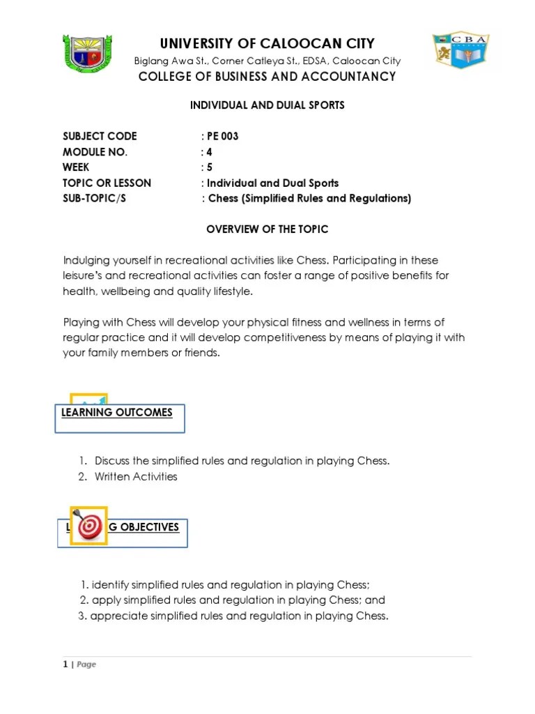 PE003 CBA Module 4 Week 5 Chess Simplified Rules and Regulations 1 PDF Chess Competitive Games