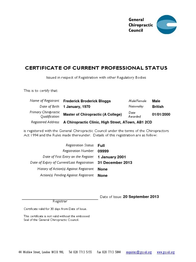 Example Certificate of Current Professional Status PDF