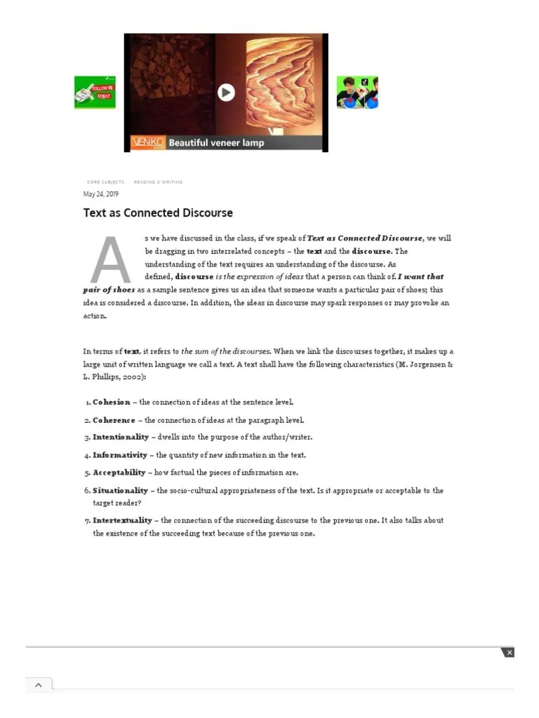 Text as Connected Discourse Understanding the Qualities of Cohesion