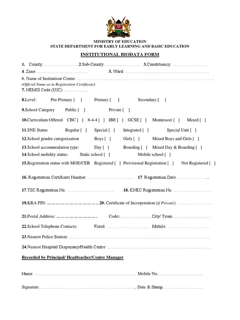 Hard Copy BioData Form For NEMIS Reenginering PDF