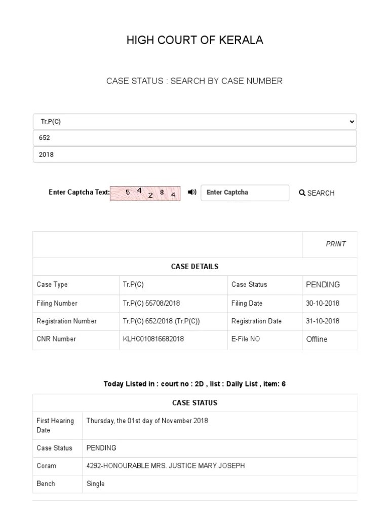 High Court of Kerala Case Status Search by Case Number PDF Common