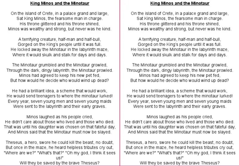 Minos and The Minotaur Poem PDF Minotaur Theseus