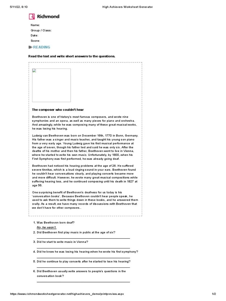 High Achievers Worksheet Generator PDF Ludwig Van Beethoven Musical Compositions