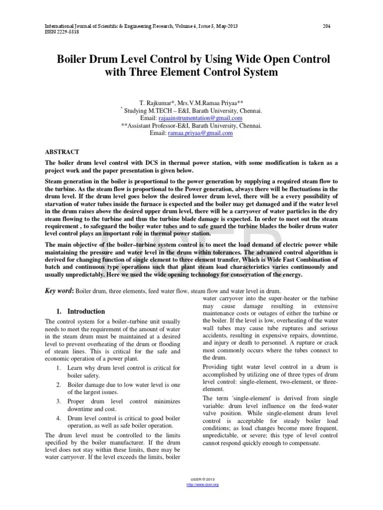 Boiler Drum Level Control by Using Wide Open Control With Three Element Control System PDF