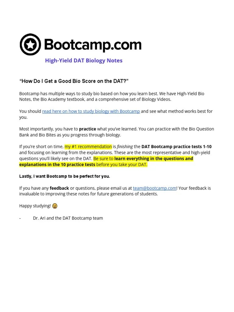 DAT Bootcamp HighYield Biology Notes PDF Rna Endoplasmic Reticulum
