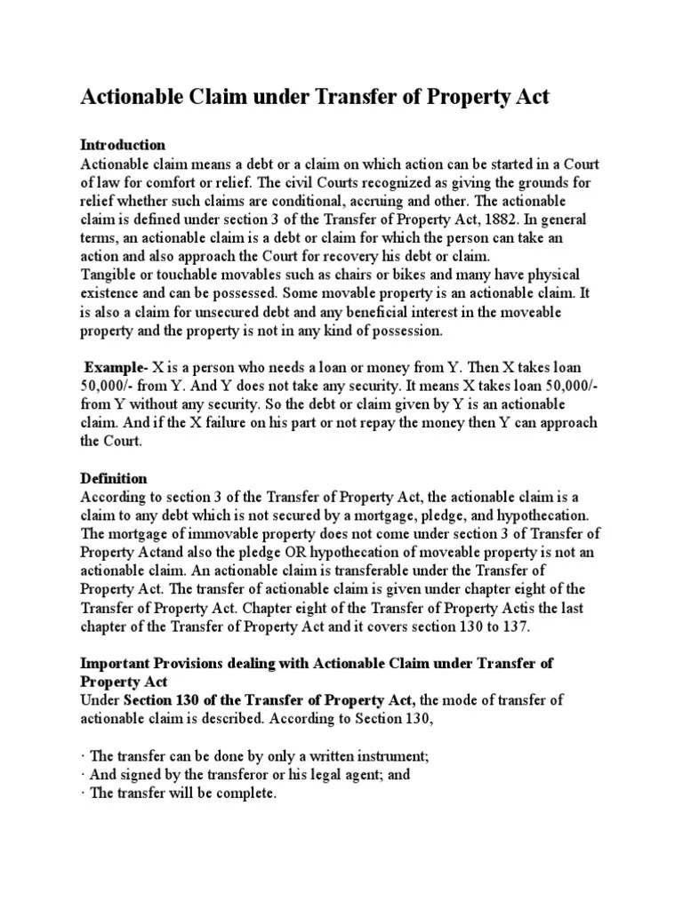 Actionable Claim Under Transfer of Property Act PDF Loans Debt