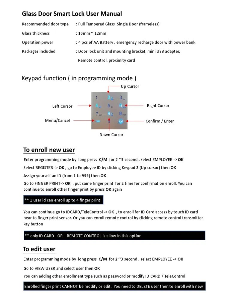 Glass Door Lock User Manual | PDF | Fingerprint | Computer Engineering