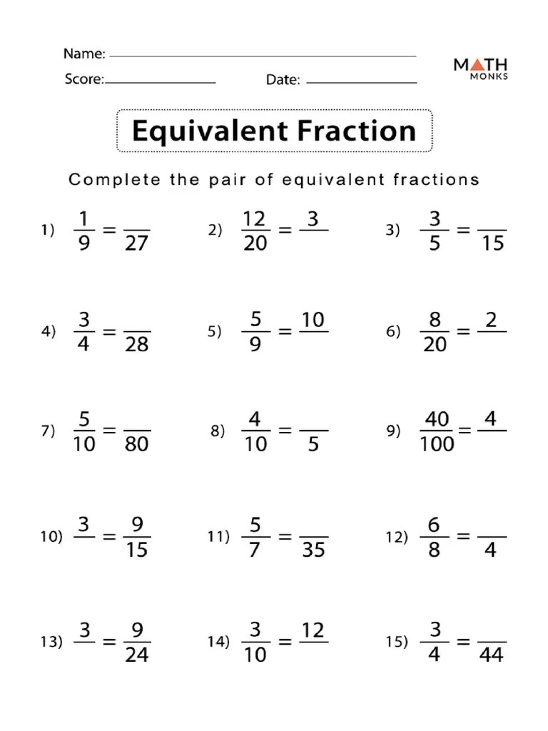 Fraction Equivalent Fractions Worksheet 4th Grade PDF