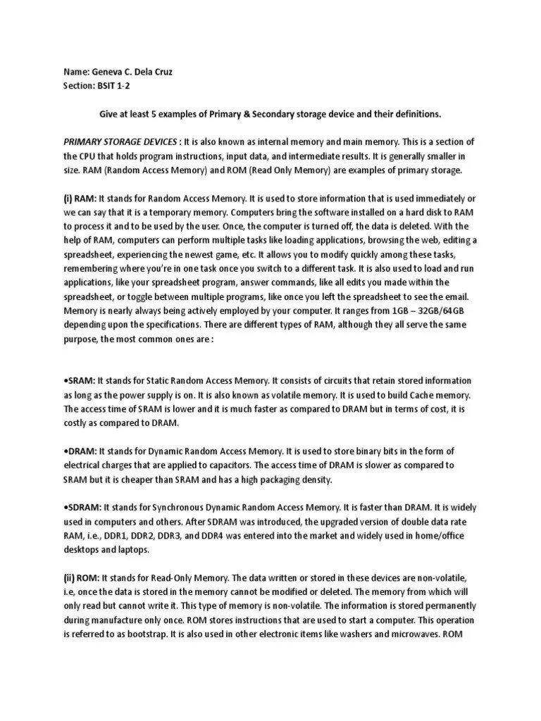 Examples of Primary and Secondary Storage Devices PDF Random Access Memory Computer Data