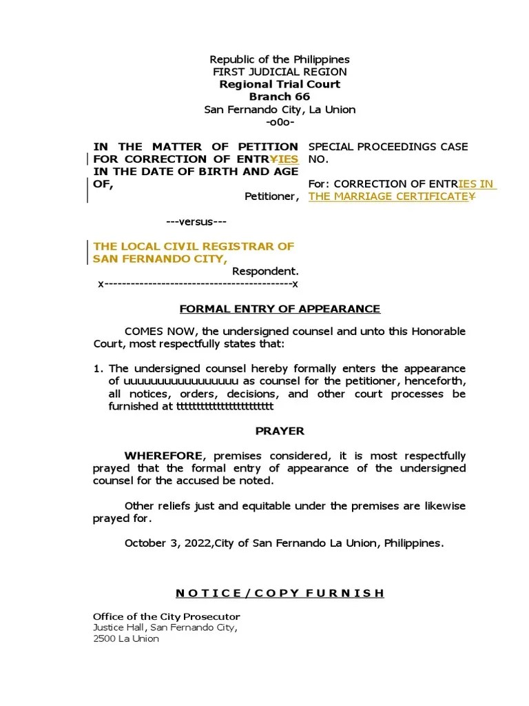 Formal Entry of Appearance Sample PDF Prosecutor Solicitor