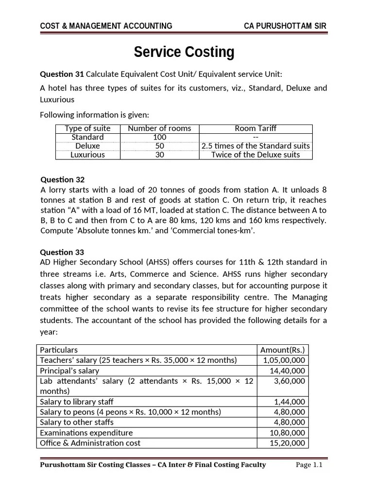 Additional Service Costing Questions PDF Cost Teachers