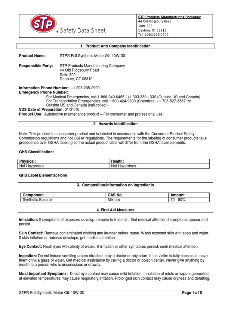STP Full Synthetic Motor Oil 10W 30 SDS | PDF | Firefighting | Personal