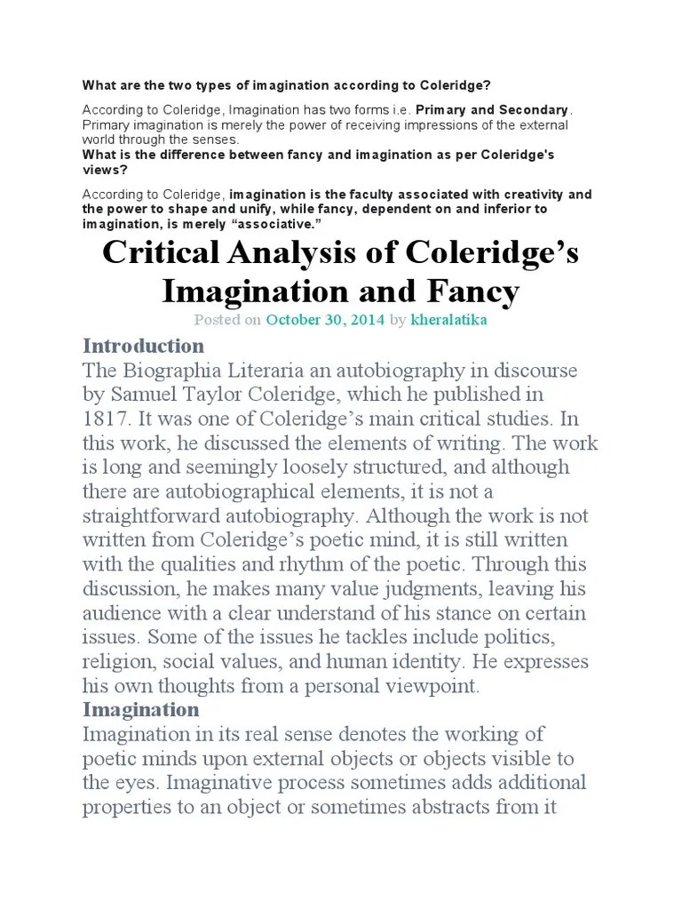 What Are The Two Types of Imagination According To Coleridge PDF