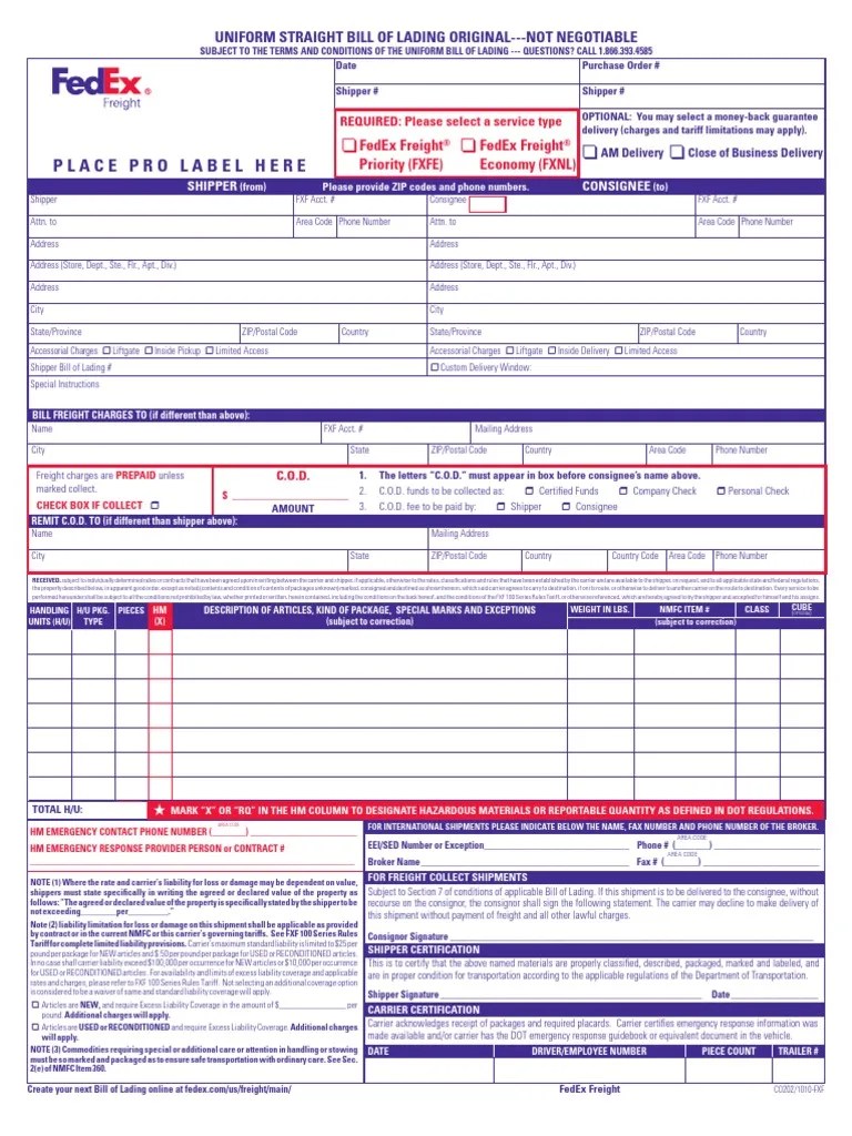 Fedex Bill of Lading Cargo Bill Of Lading