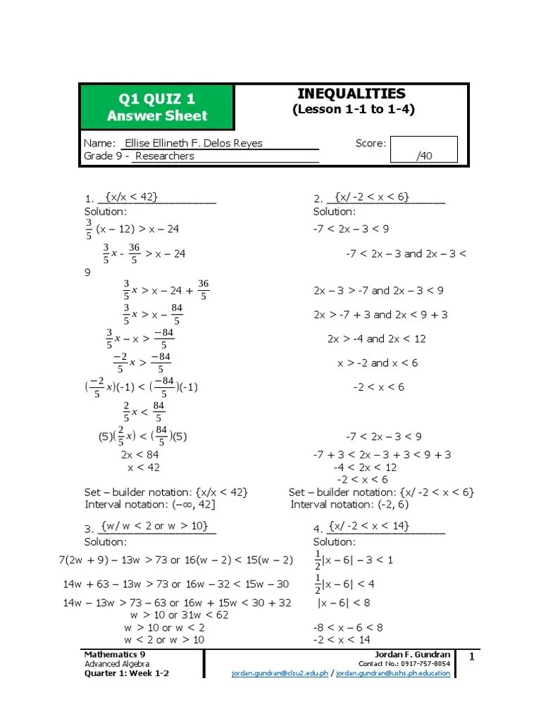Quiz 1 Answer Sheet | PDF | Inequality (Mathematics) | Mathematical Objects