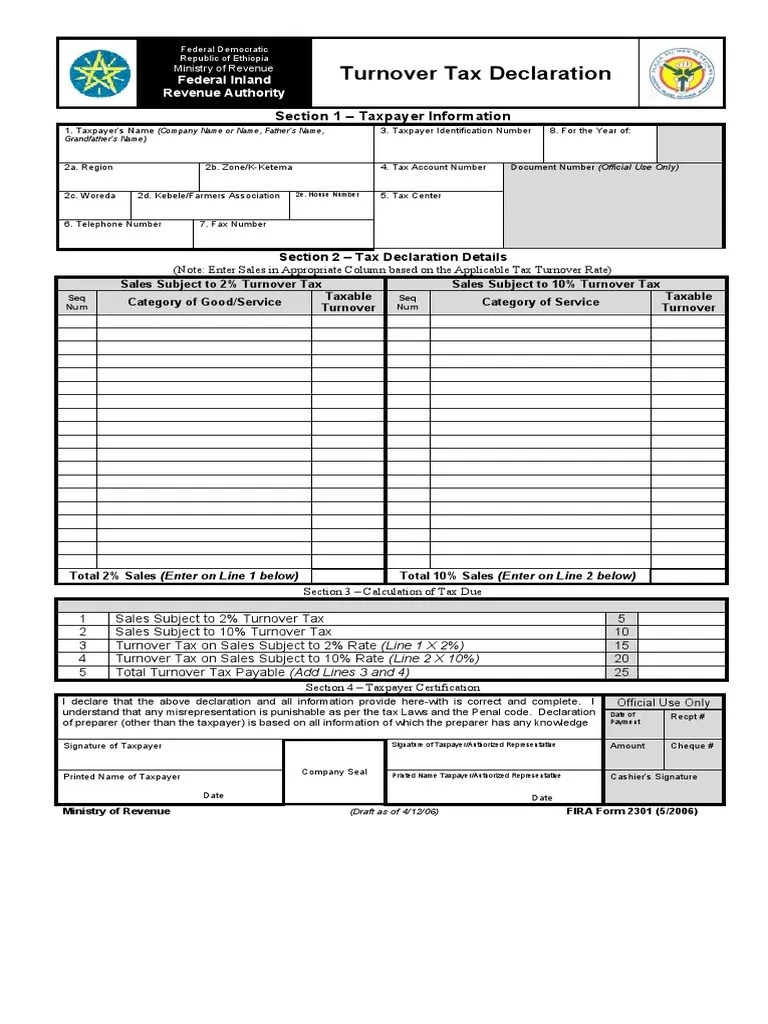 2301 Turnover Tax Declaration Form PDF Taxes Revenue