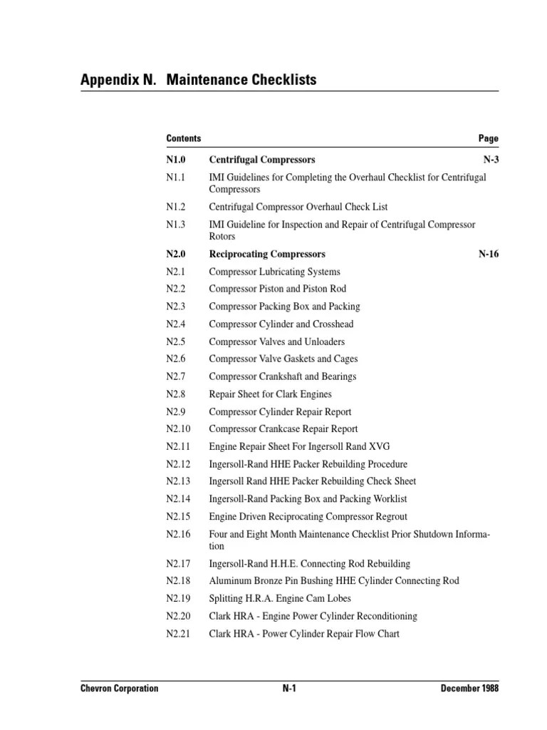 Maintenance checklists for centrifugal and reciprocating compressors