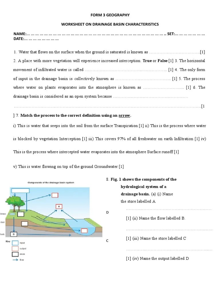 Form 3 Worksheet On Drainage Basin Characteristics PDF