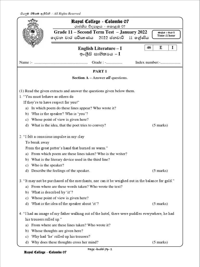 Royal College Grade 11 English Literature Second Term Paper 2022 PDF