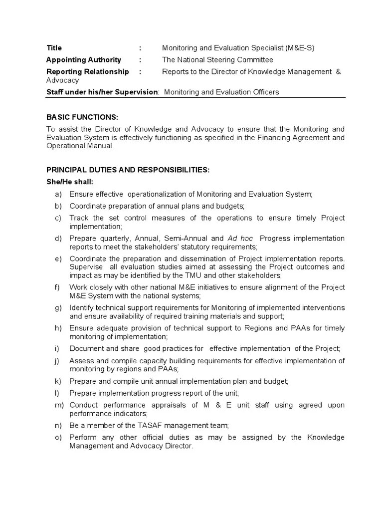 Monitoring and Evaluation Specialist PDF Evaluation Monitoring