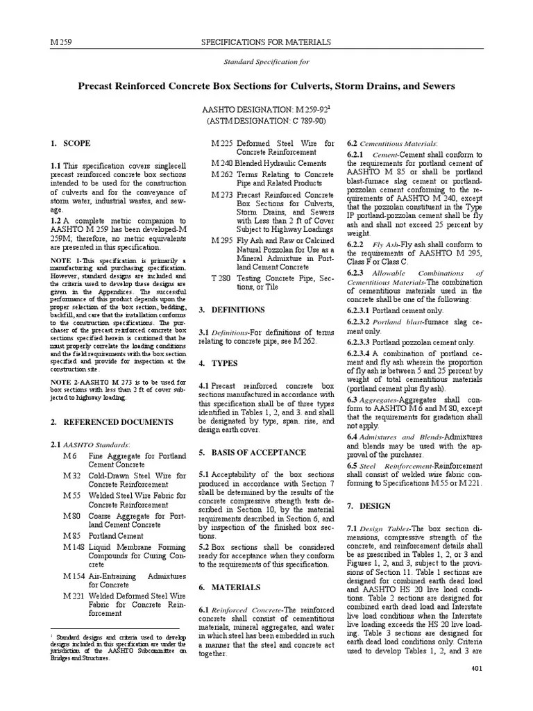 Specifications for Precast Reinforced Concrete Box Sections for