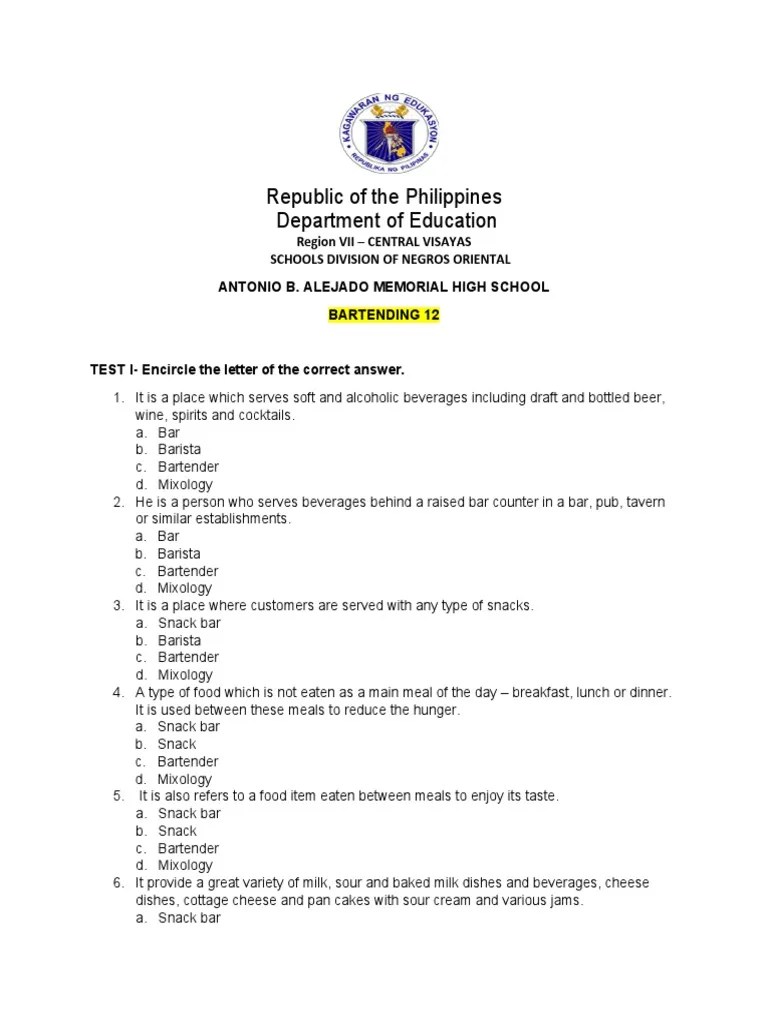 Q1 Exam Bartending PDF Bar (Establishment) Meal