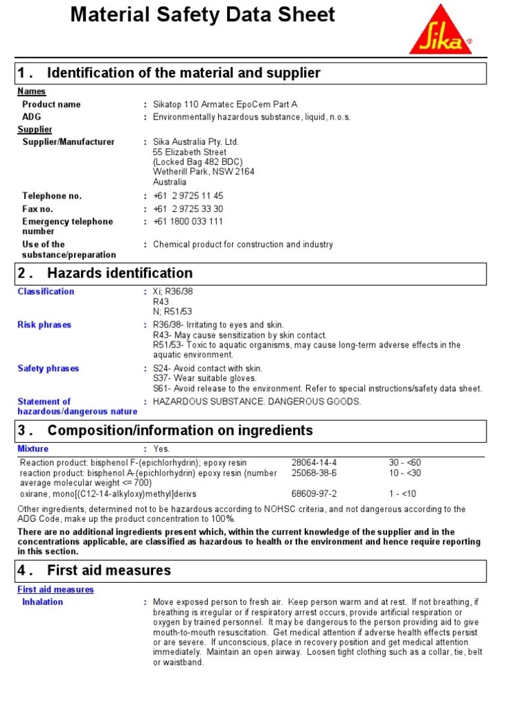 Sikatop Armatec MSDS Toxicity Personal Protective Equipment
