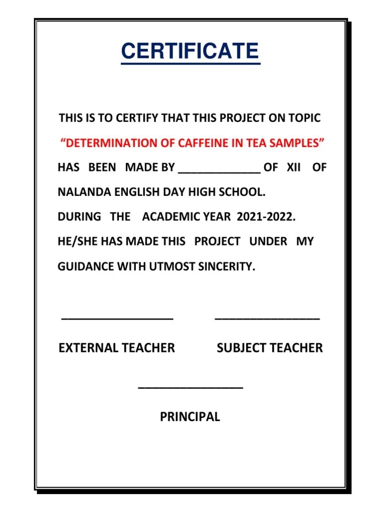 Chemistry Project Certificate PDF