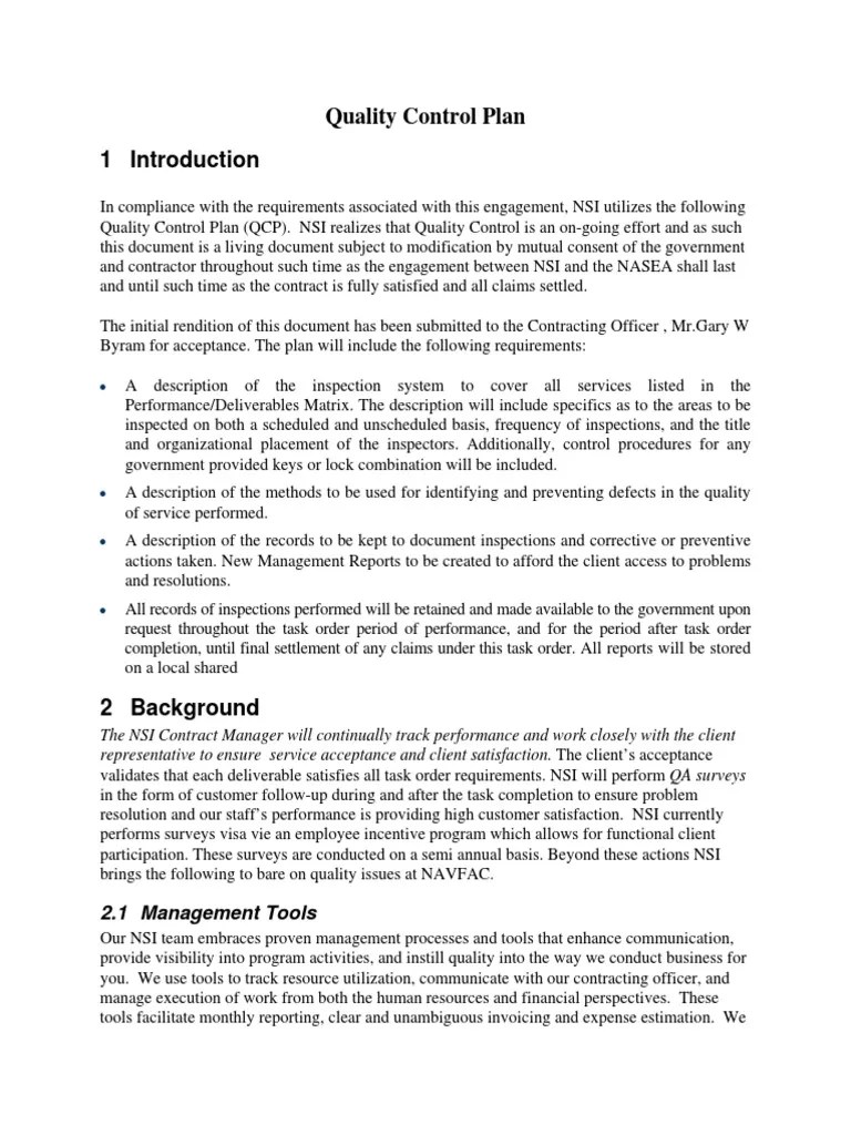Quality Control Plan PDF Quality Assurance Project Management