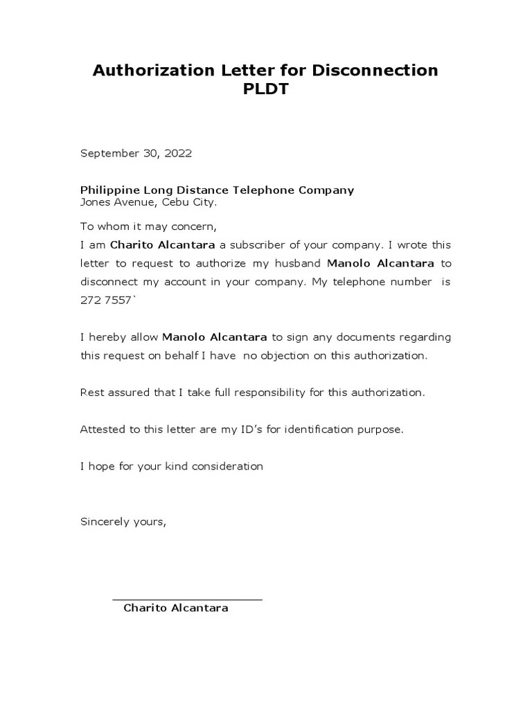 Authorization Letter For Disconnection PLDT PDF