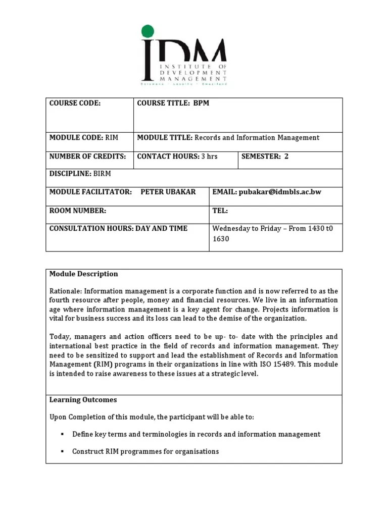 BPM Course Outline PDF Records Management Test (Assessment)