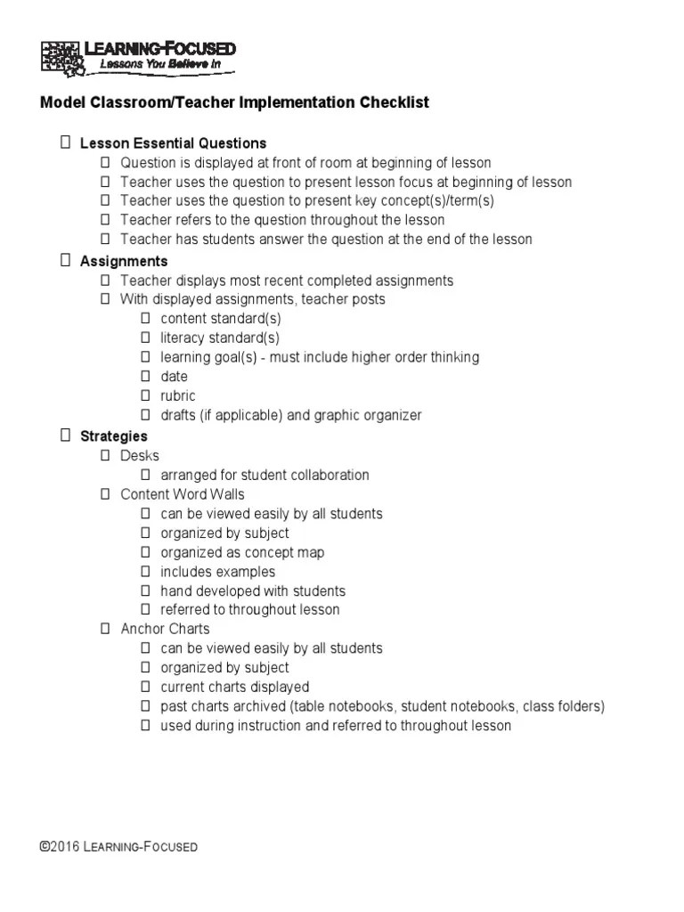 Model Classroom Checklist PDF Teachers Learning