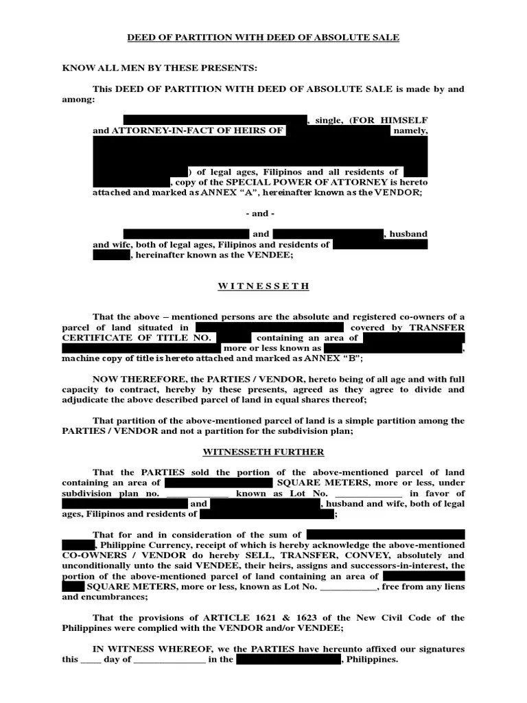 Sample Deed of Sale and Partition PDF Deed Land Law