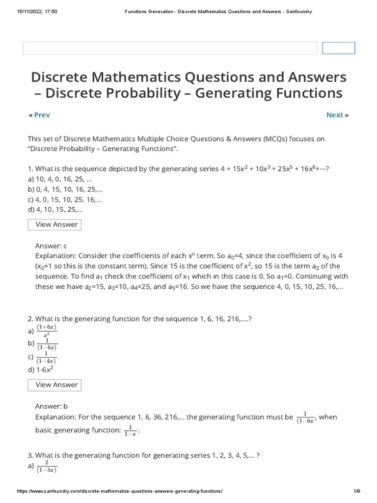 Functions Generation Discrete Mathematics Questions and Answers Sanfoundry PDF