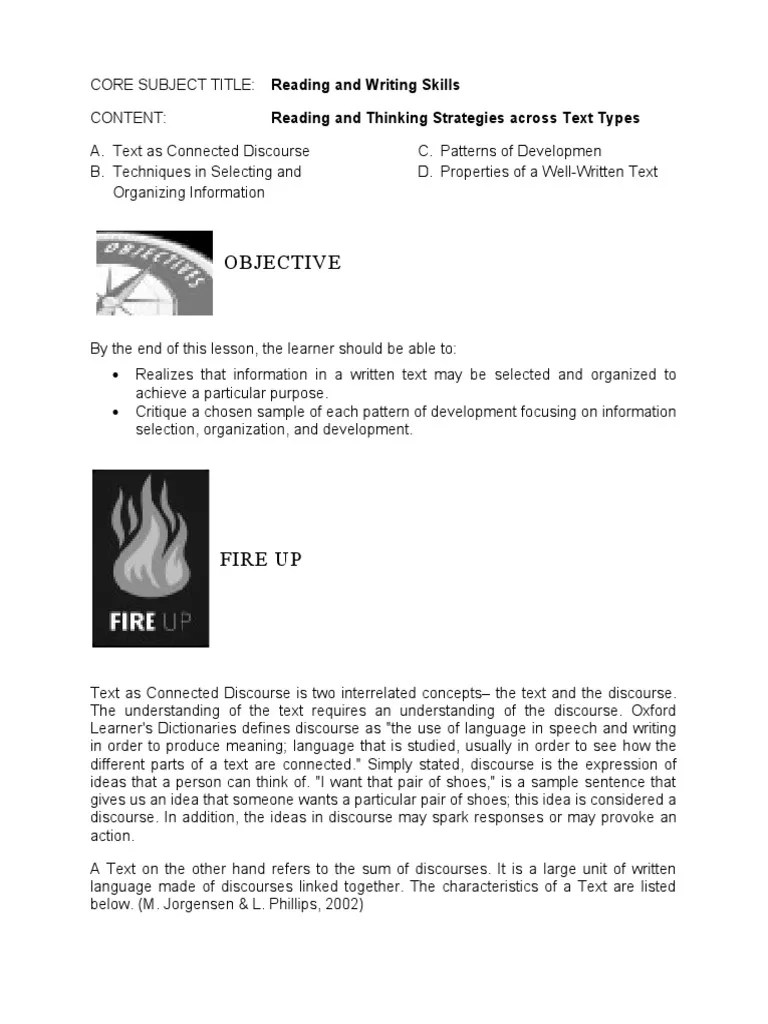 Analyzing Reading and Writing Strategies Understanding Text as