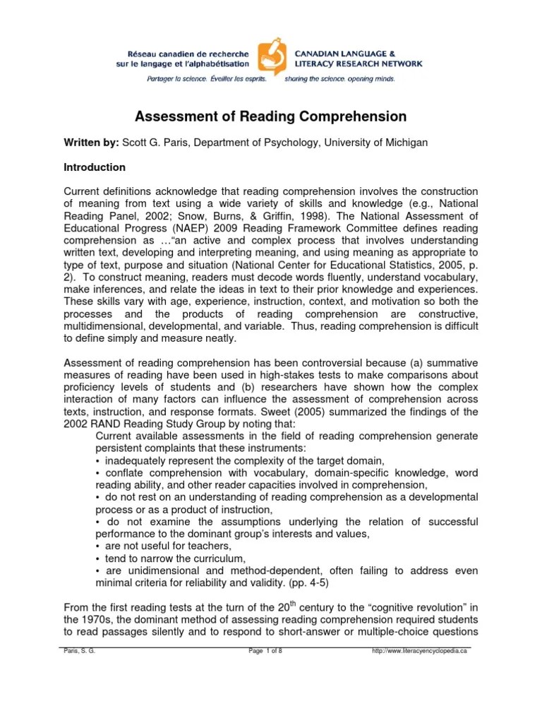 Assessment of Reading Comprehension 2 PDF Reading Comprehension
