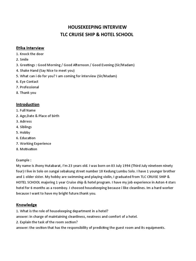 Housekeeping interview questions PDF