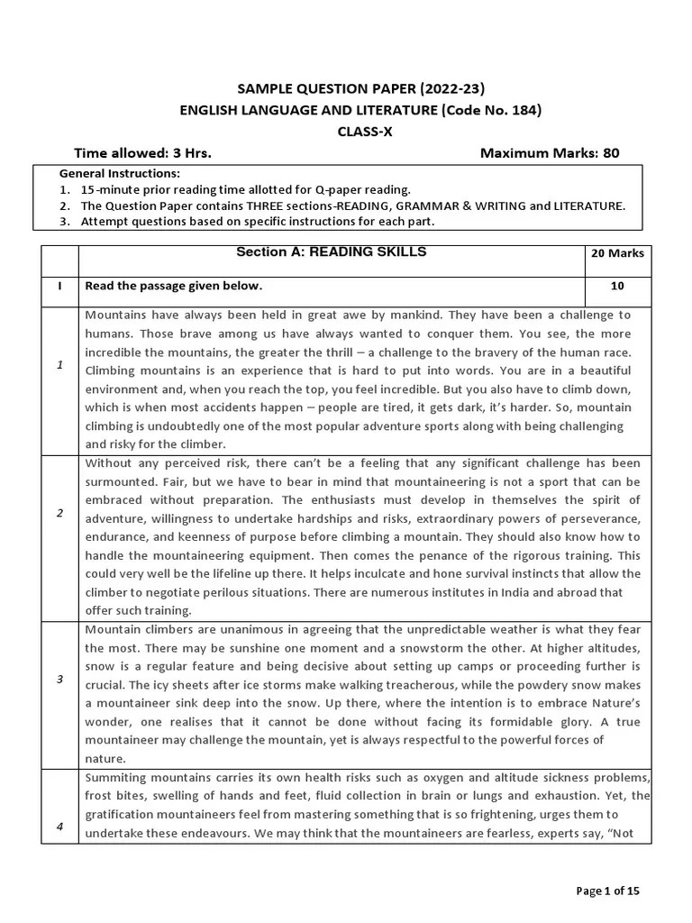 Sample Question Paper (202223) English Language and Literature (Code