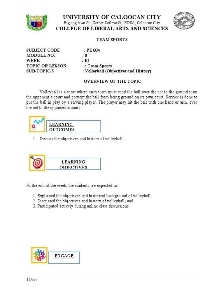 CLAS PE 004 Module 8 Week 10 Objectives and History of Volleyball PDF