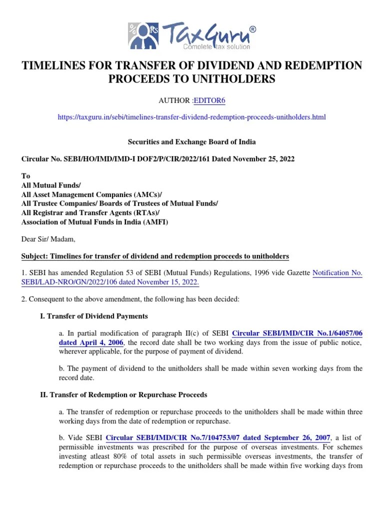 Timelines For Transfer of Dividend and Redemption Proceeds To