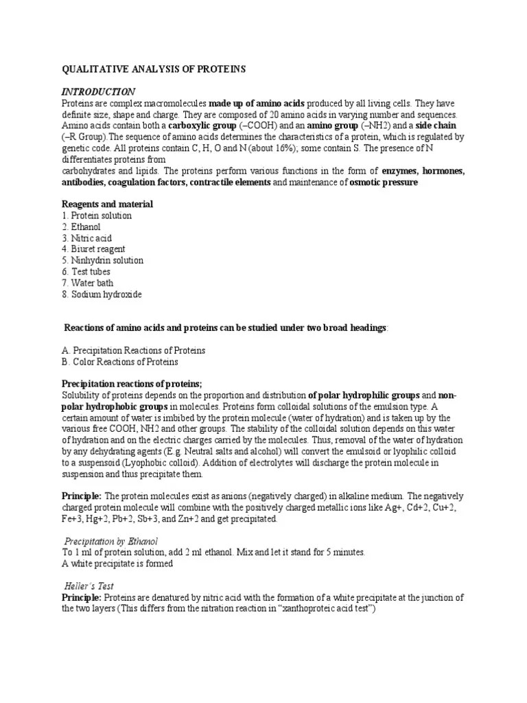 Qualitative Analysis of Proteins and Amino Acids PDF