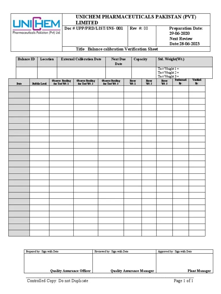 Balance Calibration SHEET PDF