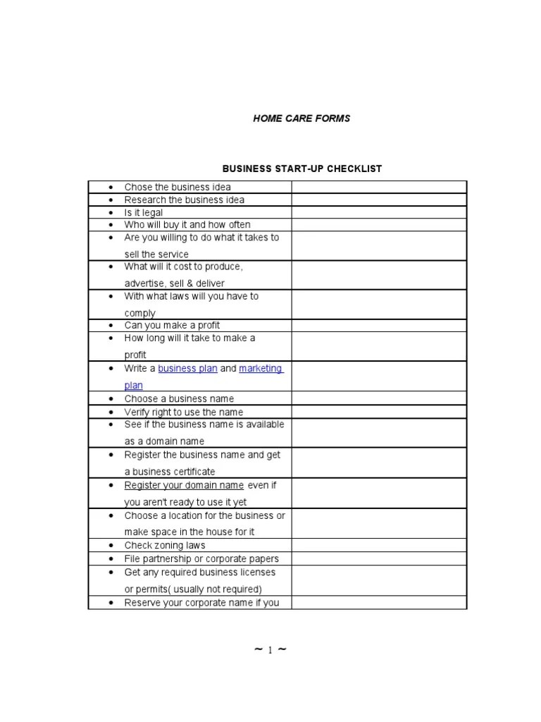 Business StartUp Checklist Home Care Forms