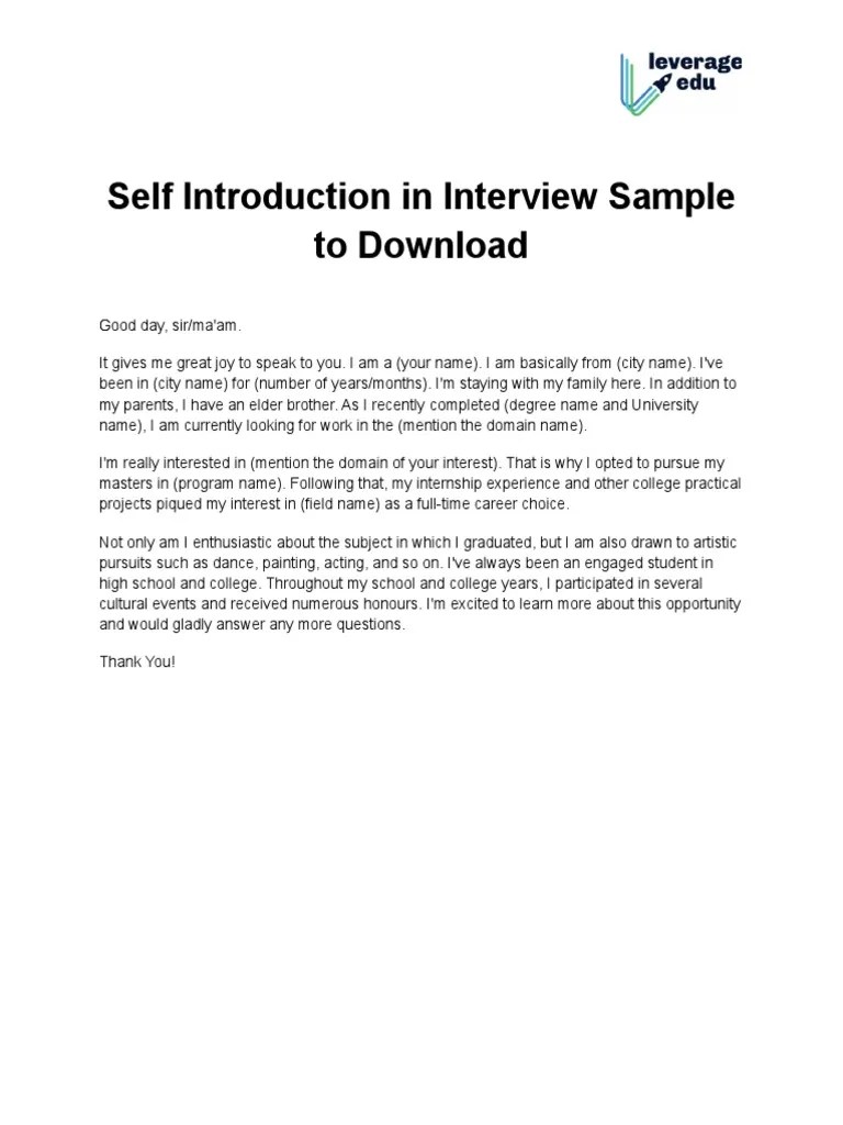 Self Introduction in Interview Sample PDF