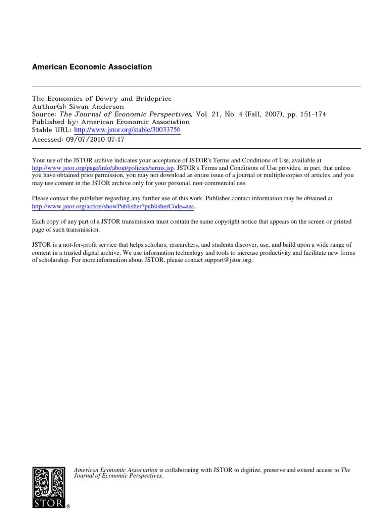 Economics of Dowry and The Bride Price PDF Marriage Family